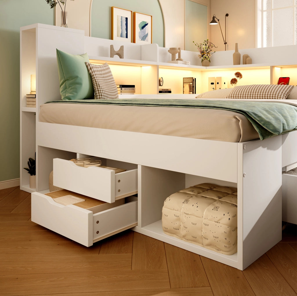 Letto da giorno 140x200 cm bianco con materasso; LED; cassetti; USB e Type-C