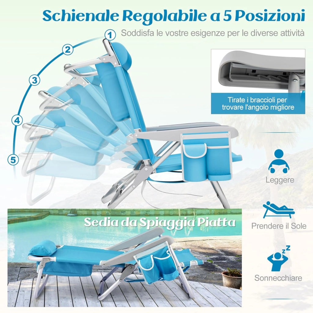 Sedia da Spiaggia, Sdraio Pieghevole a 5 Posizioni con Portabicchieri, Poltrona da Spiaggia con Cuscino per Testa e Zaino, Sedia da Campeggio Portatile, Portata 150 kg (Azzurro,1)