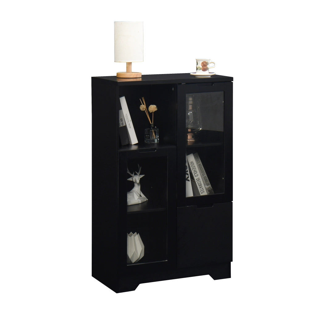 OKWISH Credenza Contenitore con 2 Ante in Vetro, 2 Ripiani Regolabili e 2 Vani Aperti, per Soggiorno, MDF, Nero