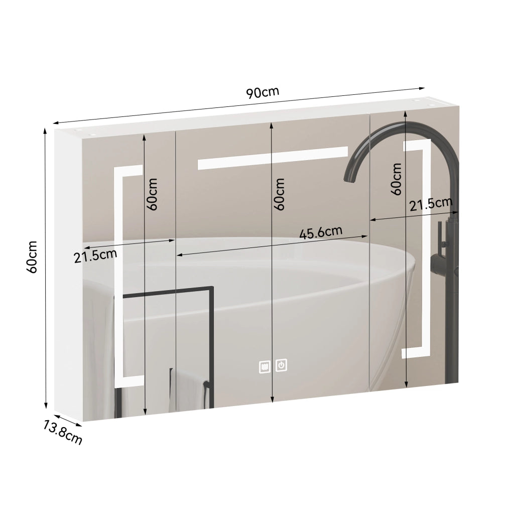 Armadietto Specchio con LED e Ripiani ¨C MINIMAL ¨C Bagno, Bianco, 90 cm
