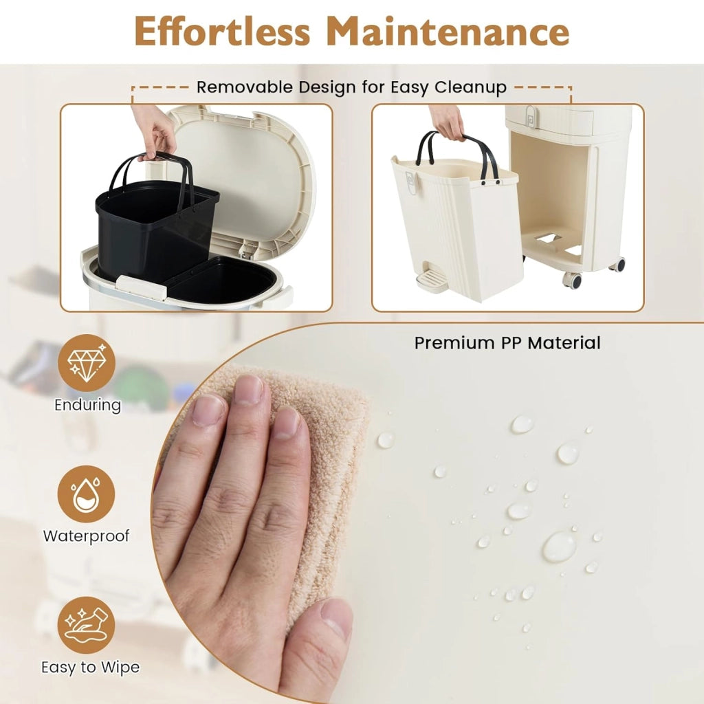 Pattumiera 38L/42L, cestino per il riciclaggio in PP con 3 scomparti, pedale, coperchio con pulsante e ruote, contenitore per cucina, bagno, ufficio (crema, 3 secchi+1 cassetto)