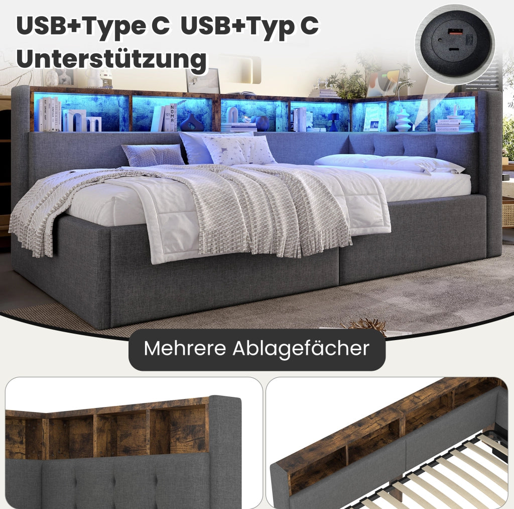 Letto da giorno 90x200 cm grigio con LED, USB e vano idraulico