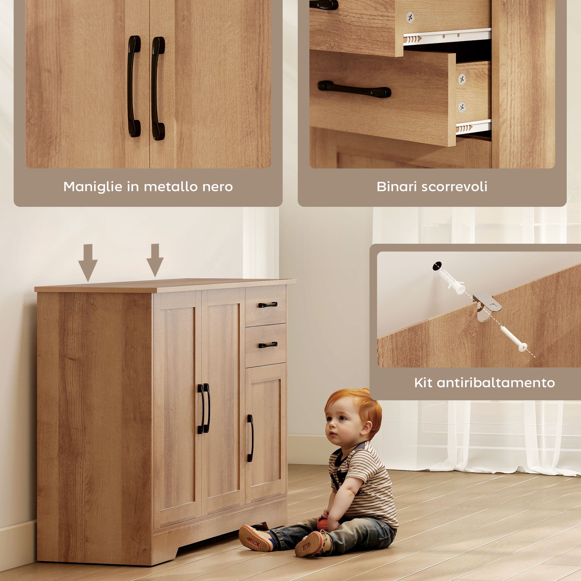 Mobile Cucina Buffet 120x38x79 cm con 2 Cassetti e 3 Armadietti in MDF Rovere