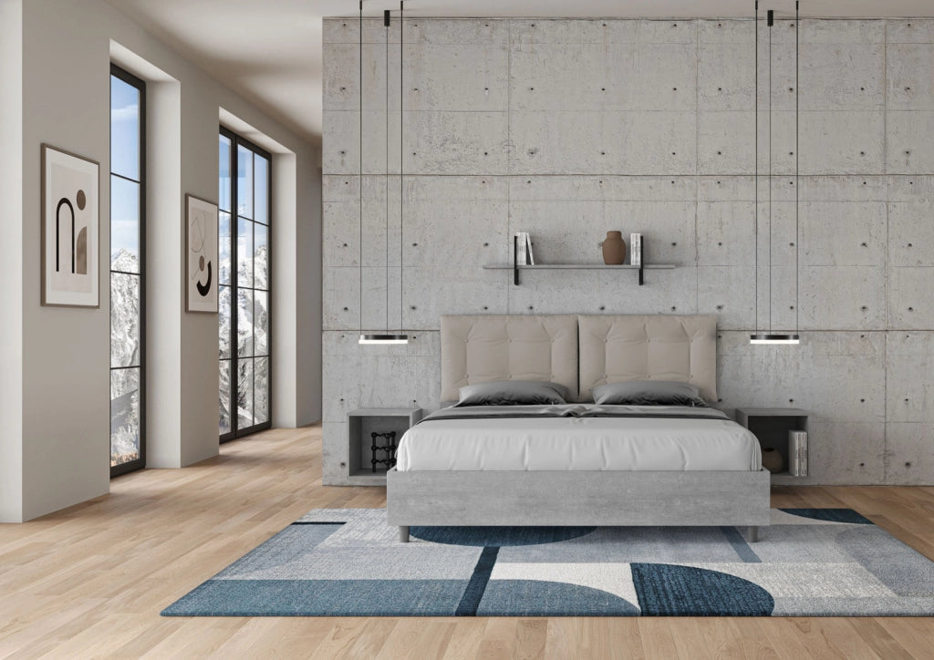 BS COM Letto matrimoniale senza rete 160x190 cemento cuscini similpelle tortora