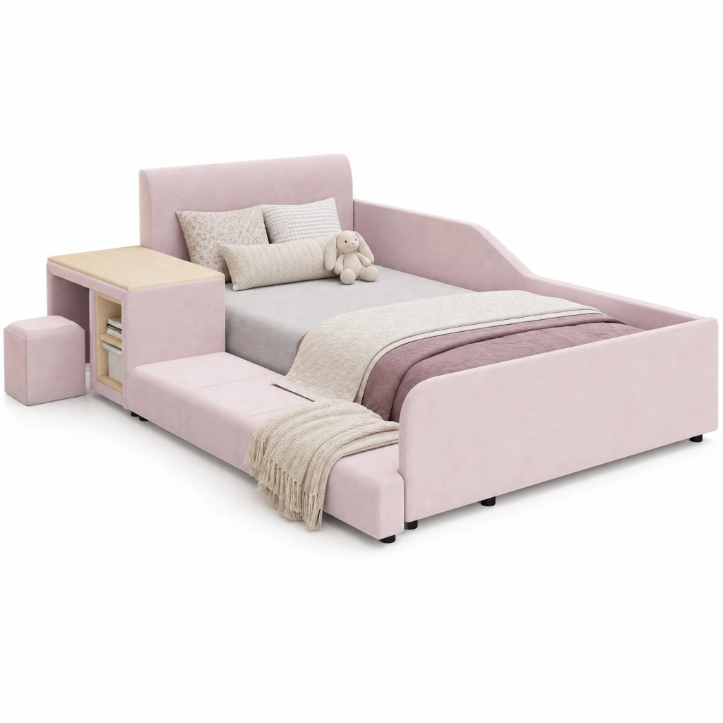 Letto singolo 90x200 cm rosa in velluto con scrivania e sgabello, senza materasso
