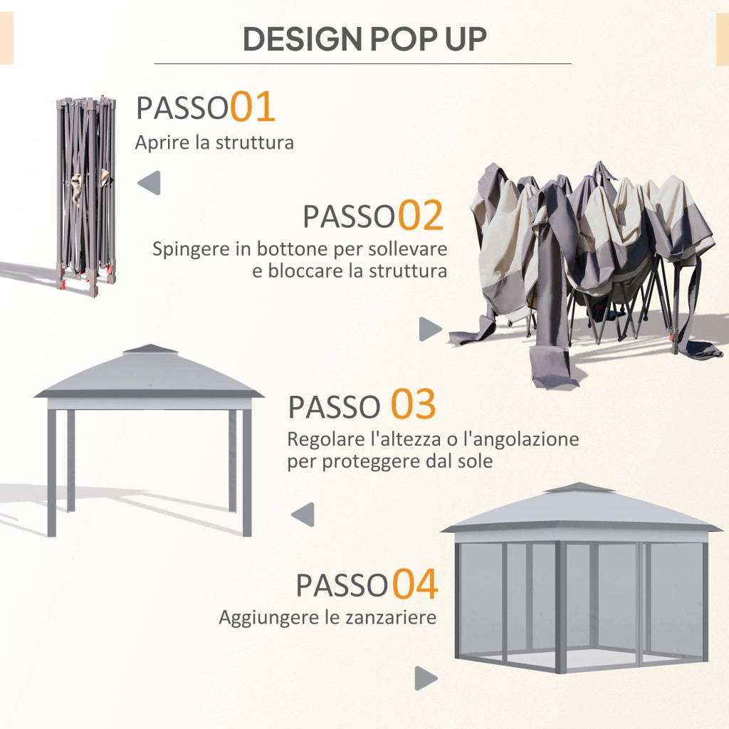 Gazebo da Giardino Pieghevole ¨C zephmum ¨C Grigio 3.3x3.3x2.8 m con Zanzariere