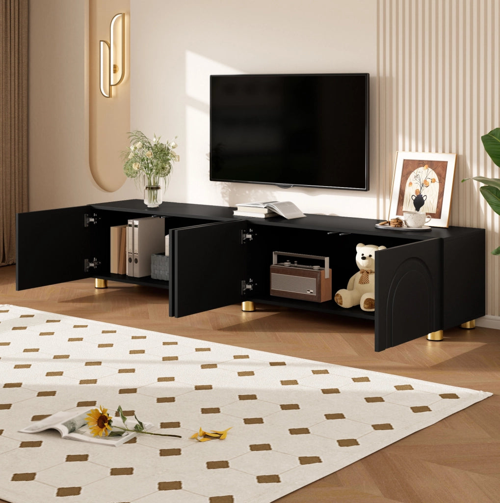 Mobile TV 180x35x40 cm con 4 porte; rilievo ad arco; in MDF e pannello truciolare; nero
