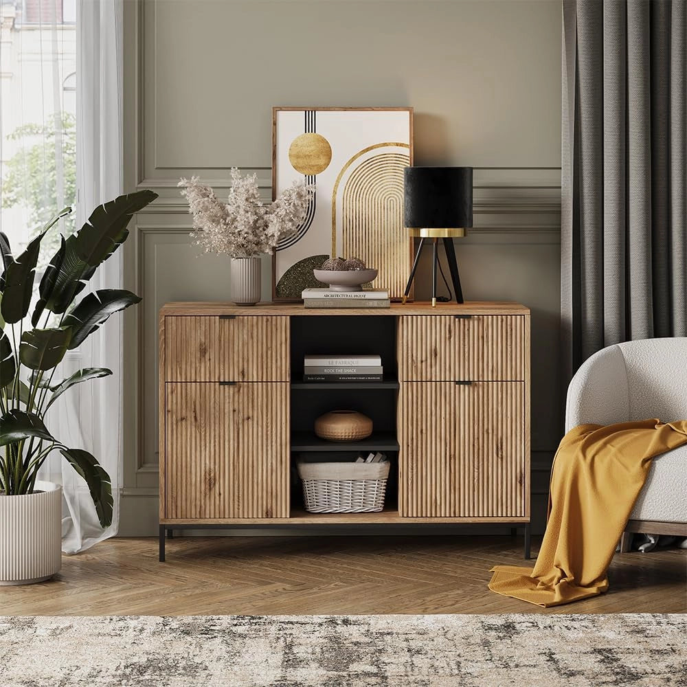 Cassettiera per camera da letto Eliza, Quercia vichinga, 120 x 81.2 cm con 2 cassetti e 2 ante, combinabile con altri mobili della serie Eliza