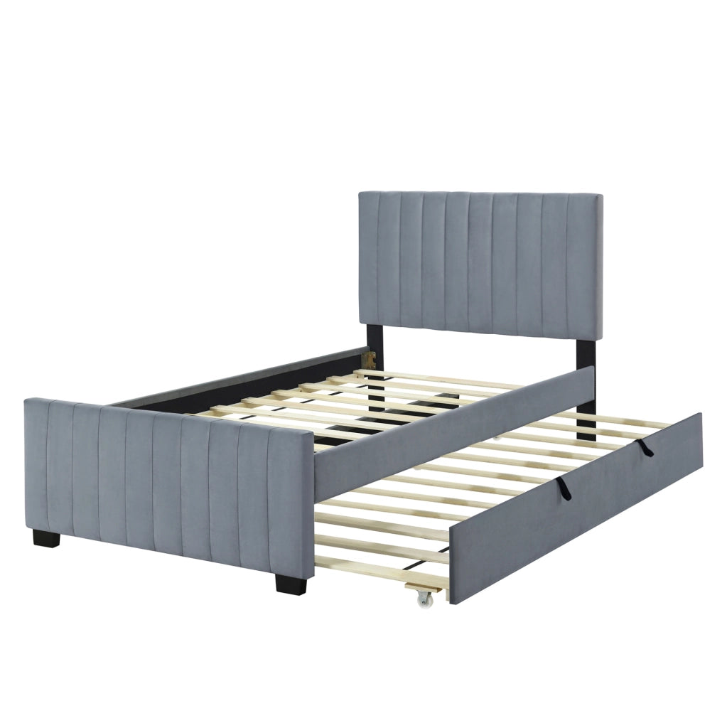 Letto singolo imbottito con letto estraibile 90x190 cm in MDF; metallo e velluto grigio