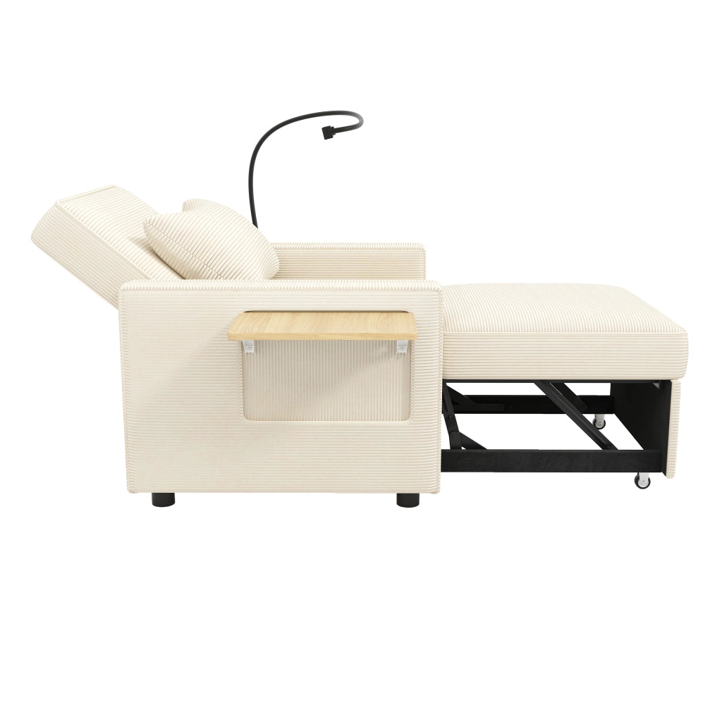 Divano letto 1 posto - con schienale regolabile; USB e porta smartphone - in tessuto a coste beige