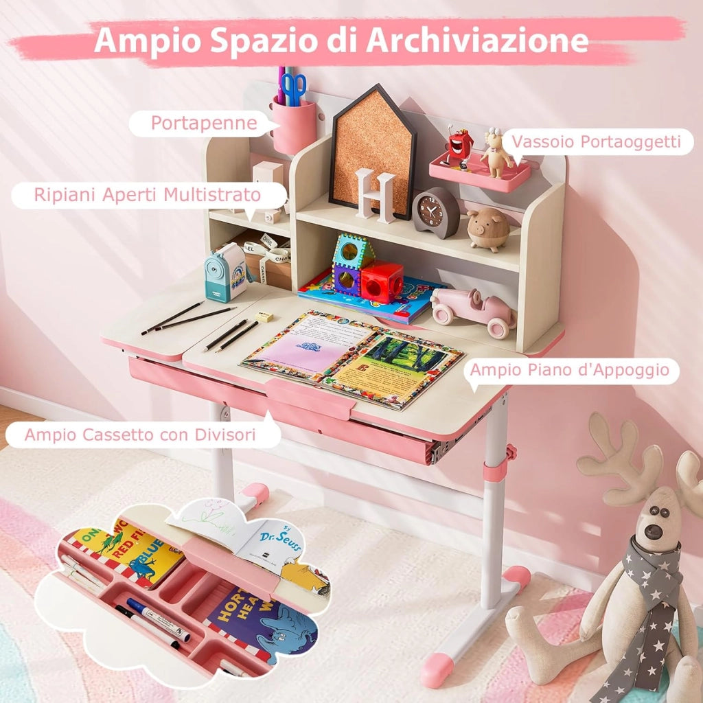 Scrivania per Bambini Regolabile in Altezza da 50 a 73cm, Rosa | Scrivania da Studio con Piano Inclinabile 60°, Scrittoio Cameretta con Scaffale, Cassetto, Portapenne e Righello