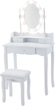 Scrivania da Toilette con Sgabello, Tavolo Vanity con Cassetti, 3 Modalità di Illuminazione, Luminosità Regolabile, Specchio Rotante a 360° Set di Tavolo per Trucco per Camera da Letto