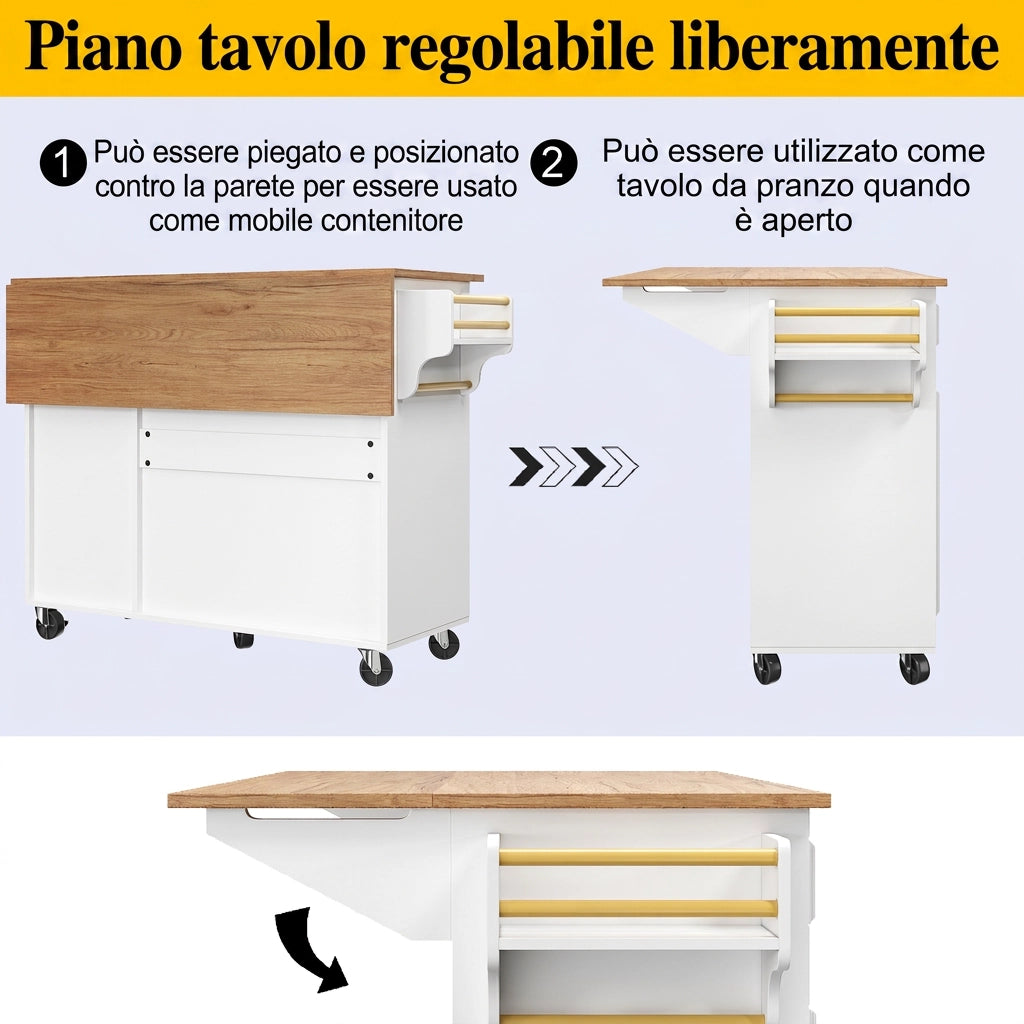 Isola cucina multifunzione pieghevole 110 cm con cassetti e ripiani; MDF e metallo; bianco
