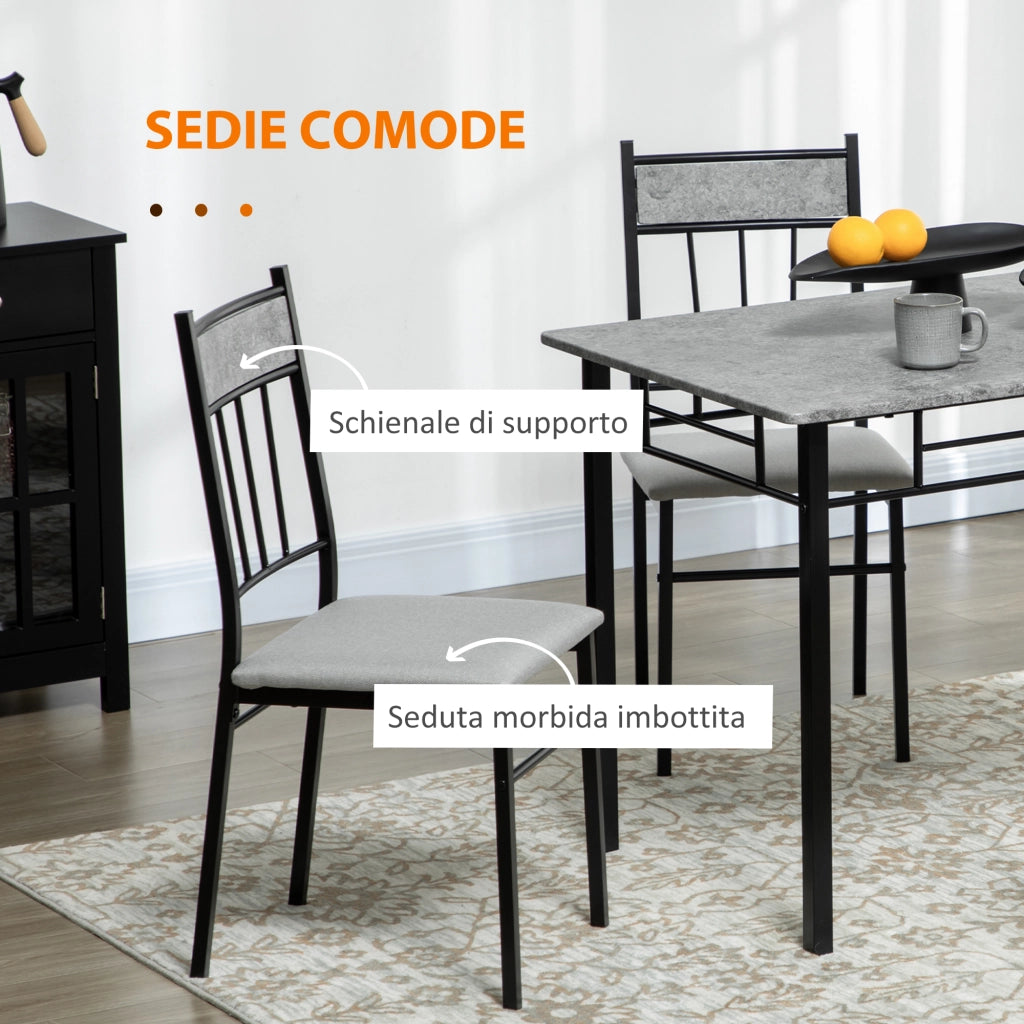 Set Tavolo e Sedie 5pz, Tavolo da Pranzo Rettangolare in Metallo e MDF e 4 Sedie da Pranzo Grigio e Nero