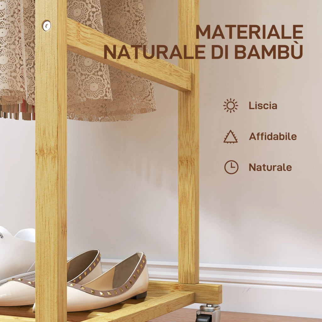 Appendiabiti con Ripiano e 4 Ruote in Bamb¨´ ¨C zephmum ¨C Legno Naturale 80x40x160 cm