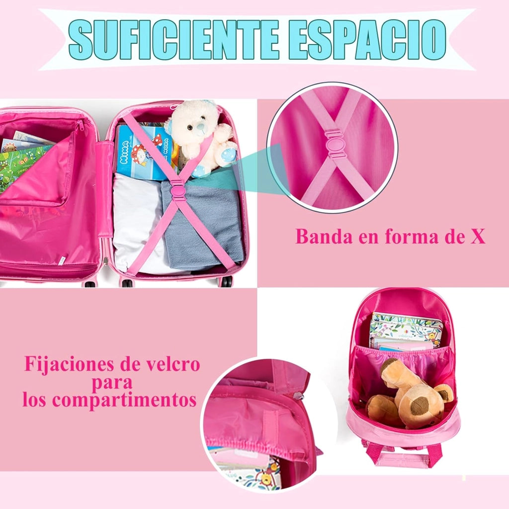 Set di Valigia 18’’ + Zaino 12’’ per Bambini 2 Pezzi, Bagagli 2-in-1 con Zainetto da Viaggio Aereo, Trolley con Maniglia Telescopica e 4 Ruote a 360° (Rosa Sirena)