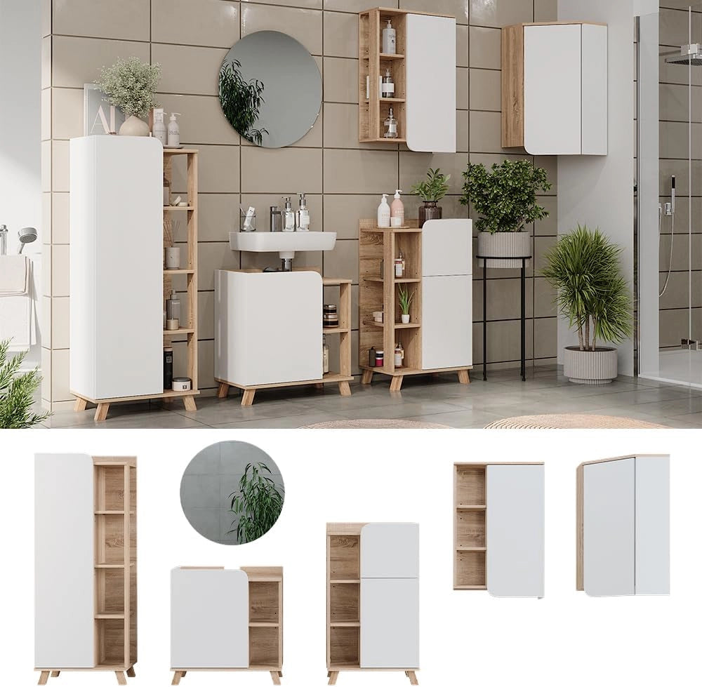 Set di mobili da bagno Karen, Sonoma/Bianco, 60 cm, composto da specchio, pensile, pensile angolare, armadio medio, base lavabo e base