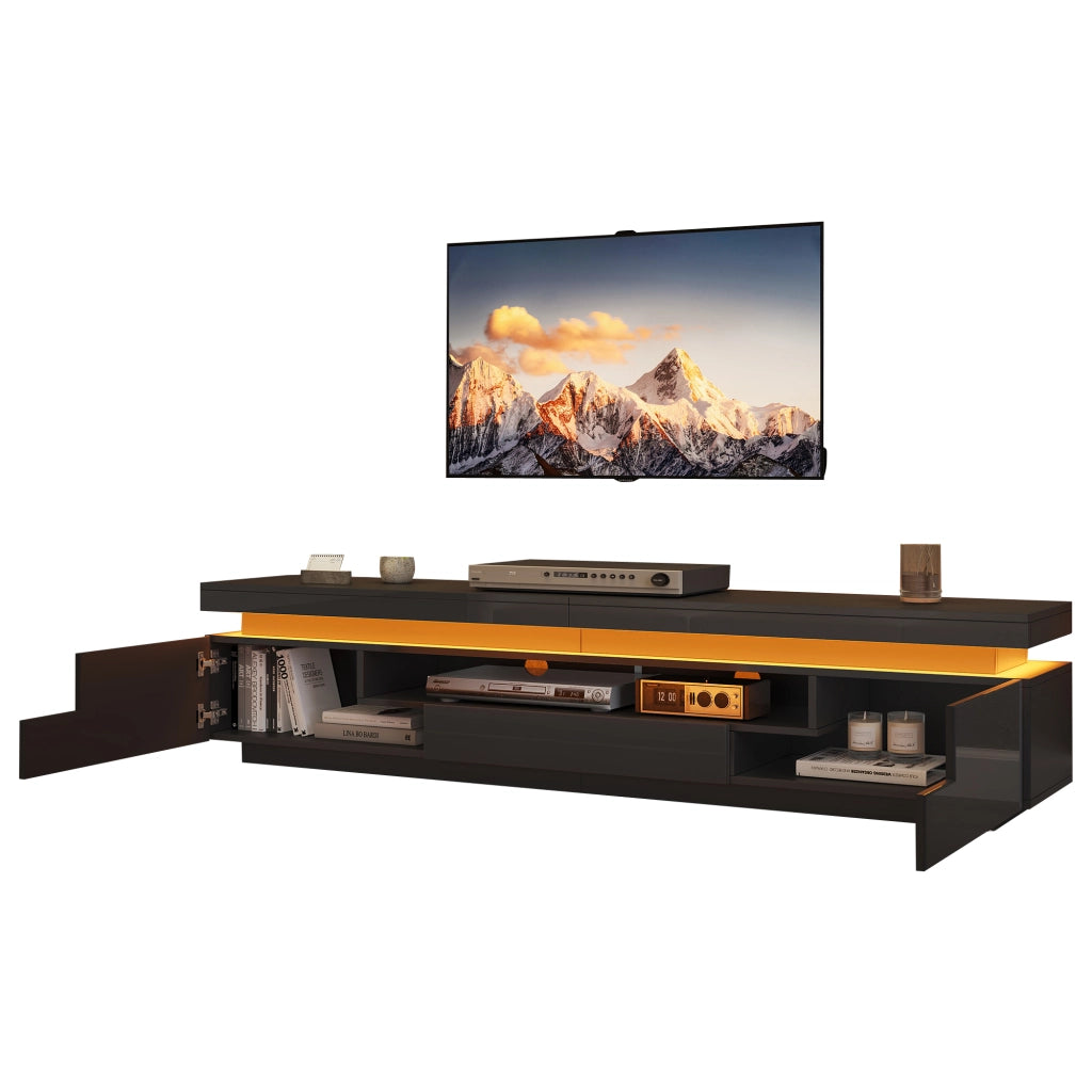 Mobile porta TV con LED 2 ante a L 1 cassetto e vano semichiuso per soggiorno nero 175 × 38 × 45 cm