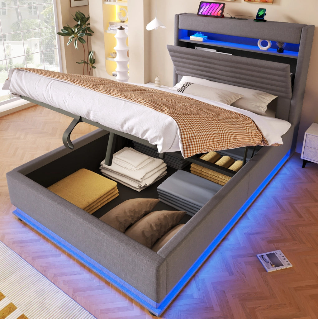 Letto imbottito singolo 90x200 cm con LED, USB-C e contenitore