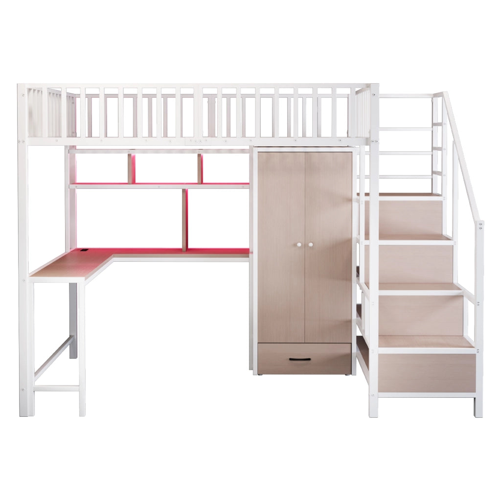 Letto a soppalco 140 × 200 cm con scrivania armadio scaffali scala contenitore LED e prese USB Type-C in metallo bianco
