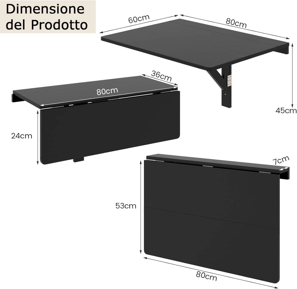 Tavolo Pieghevole a Muro, Tavolino Porta PC da Parete in Legno, Tavolo a Scomparsa Multifunzionale, Ideale per Soggiorno, Cucina e Studio, 80 x 60 x 45 cm (Nero)