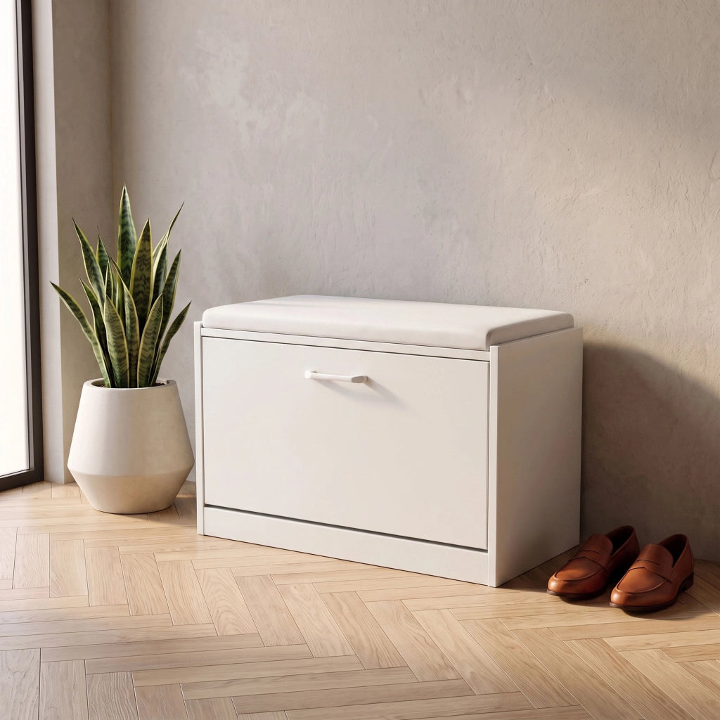 Kaizen - Panca da Ingresso con Scarpiera 63x47x30 cm 9 paia Portascarpe con Cuscino in Legno Bianco