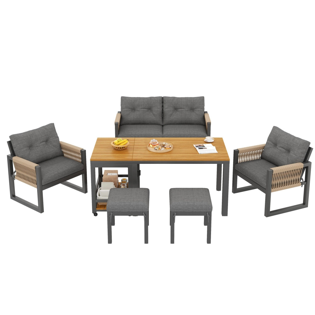 Salotto da giardino 6 pezzi grigio， tavolo 150x79，5x75 cm， struttura in ferro