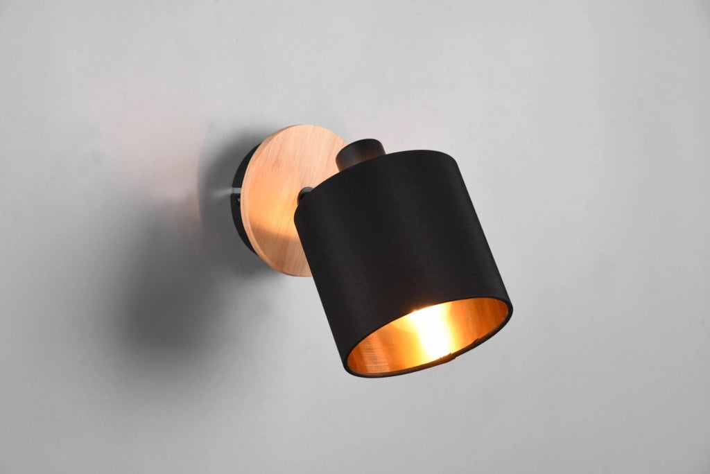 TOMMY SPOT SINGOLO BASE LEGNO CON PARALUME NERO E ORO H. 18,5CM 1 LUCE ATTACCO E14