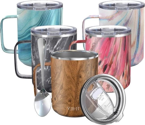 Tazza di caffè isolata 350 ml - Tazza di caffè con isolamento a vuoto con manico - Coperchio resistente alle gocce - Materiale riciclabile BPA-free - Conserva il caffè caldo o freddo - Tazza di caffè in legno con finitura a rilievo con manico