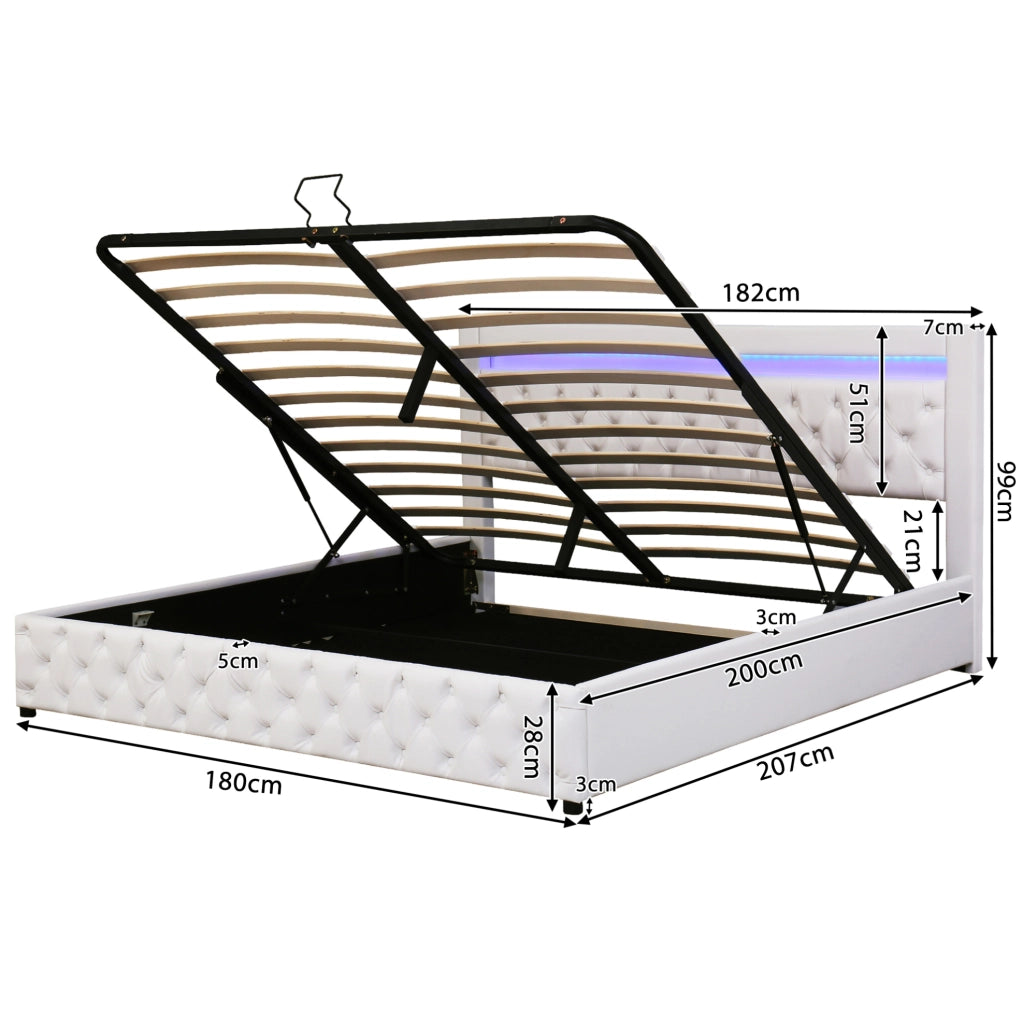 Letto imbottito 180 x 200 cm con rete a doghe; vano contenitore e LED; PU bianco