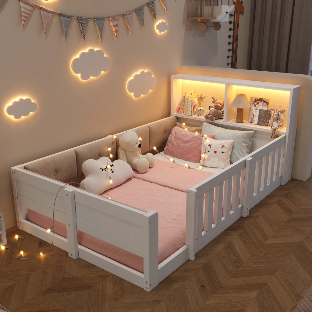 Letto per bambini 90×200 cm con testiera imbottita; LED e sponde di sicurezza; senza materasso; bianco