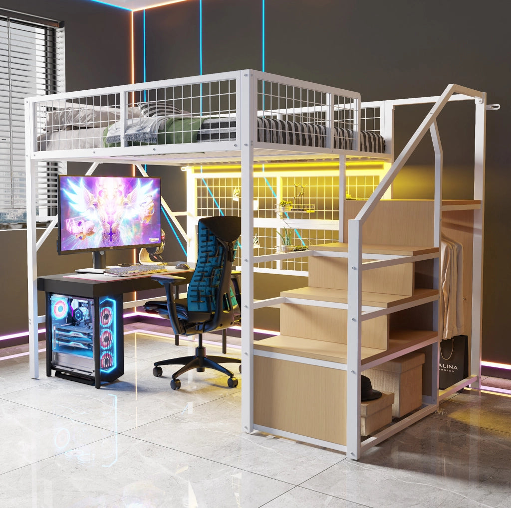 Letto a soppalco in metallo bianco con scala contenitore e LED