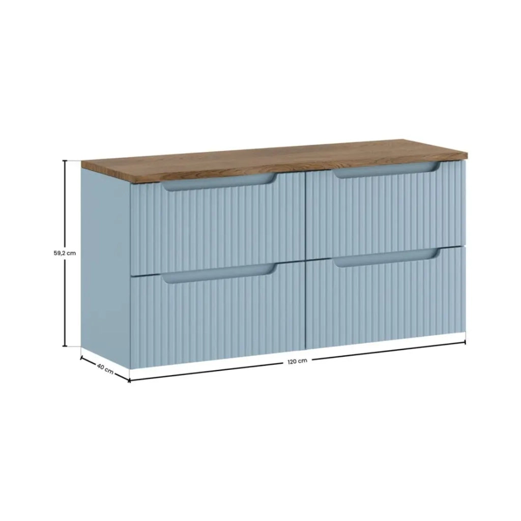Set bagno sospeso VANO blu denim e rovere 120cm: mobile sottolavabo con cassetti + piano per lavabo