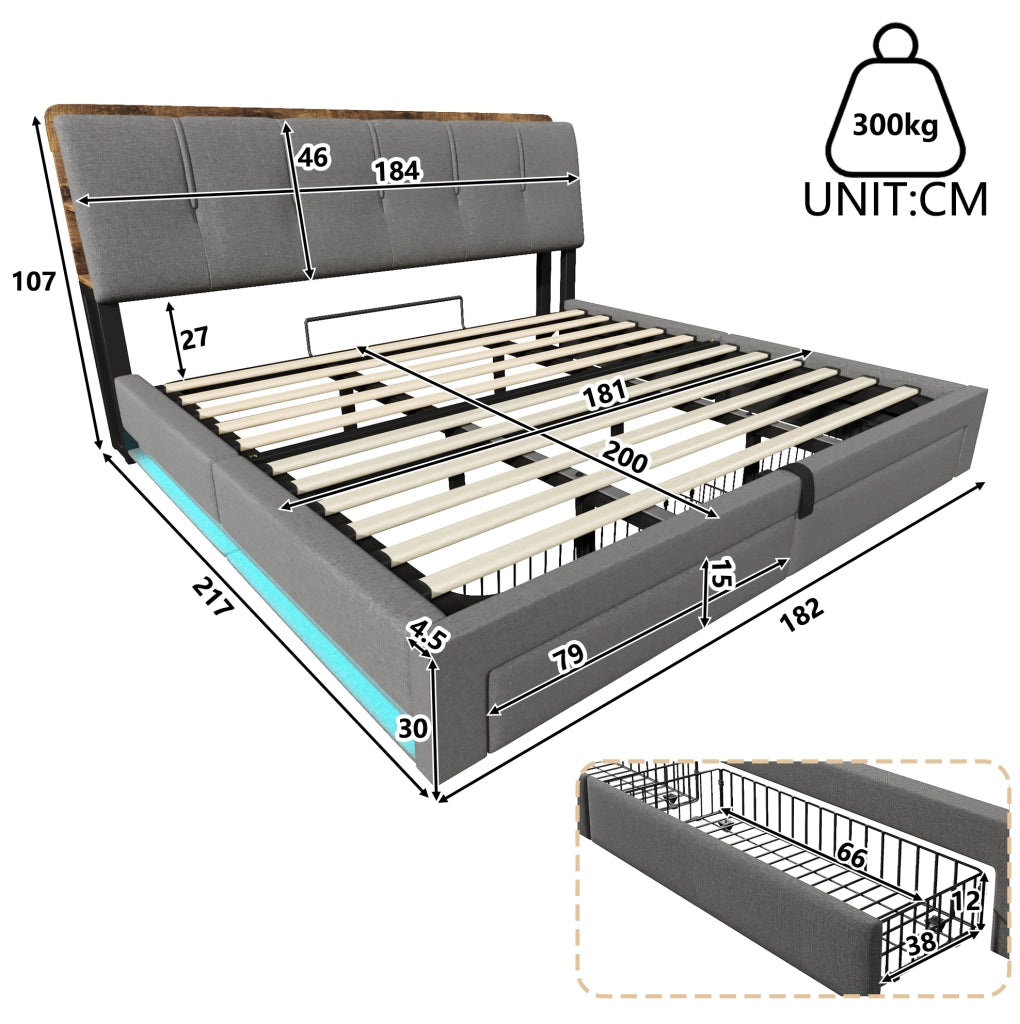 Letto imbottito 180x200 cm con contenitore idraulico, LED e USB-C