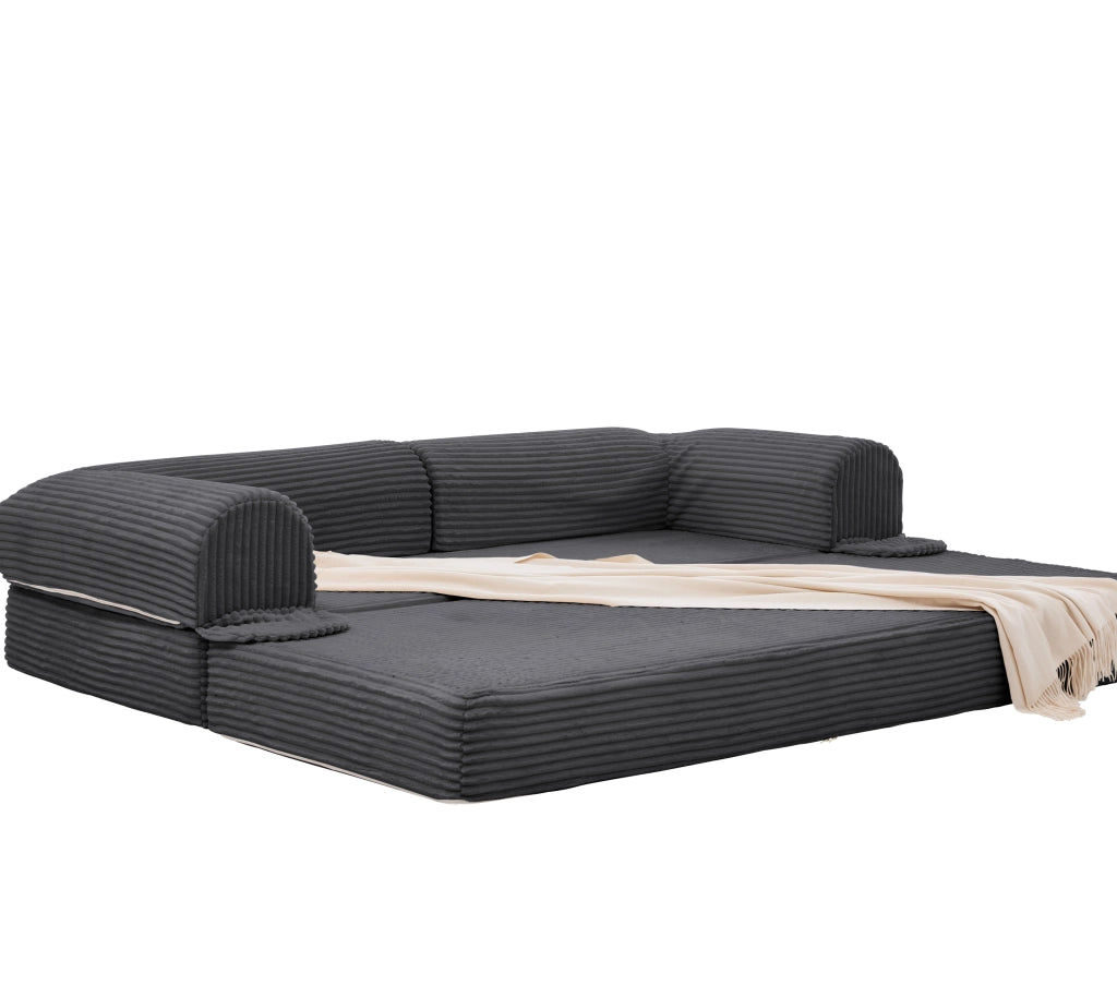 Divano letto 2 posti convertibile in tessuto corduroy, design salvaspazio con struttura bassa, grigio