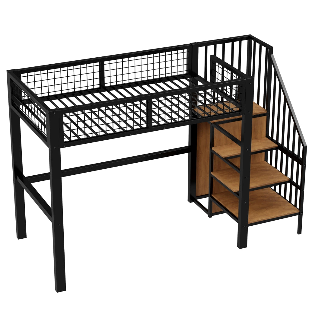 Letto a castello nero in metallo con scala e armadio 90x200 cm