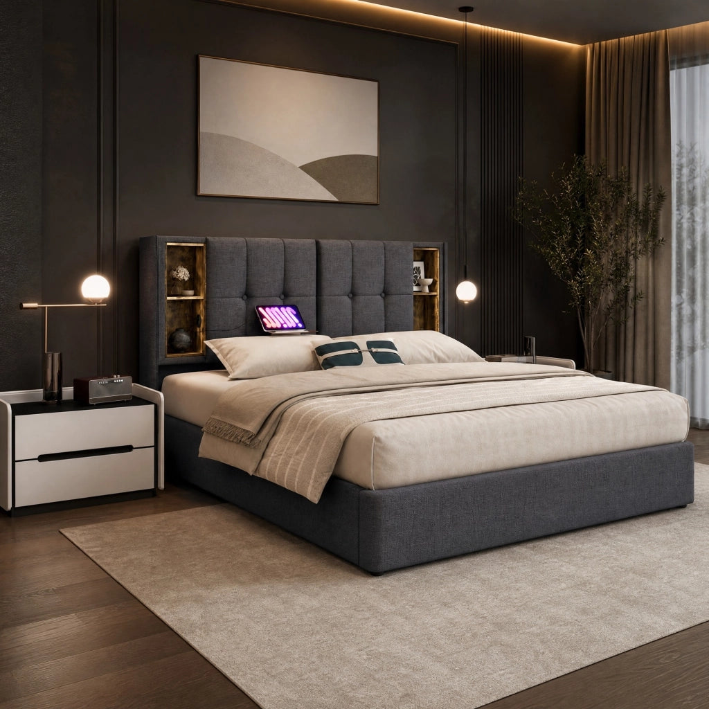 LETTO Imbottito 140x200 cm Grigio con ricarica wireless e USB