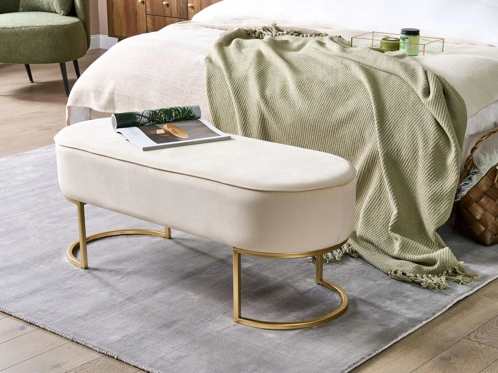 Panca imbottita beige chiaro con gambe in metallo dorato glamour soggiorno camera da letto