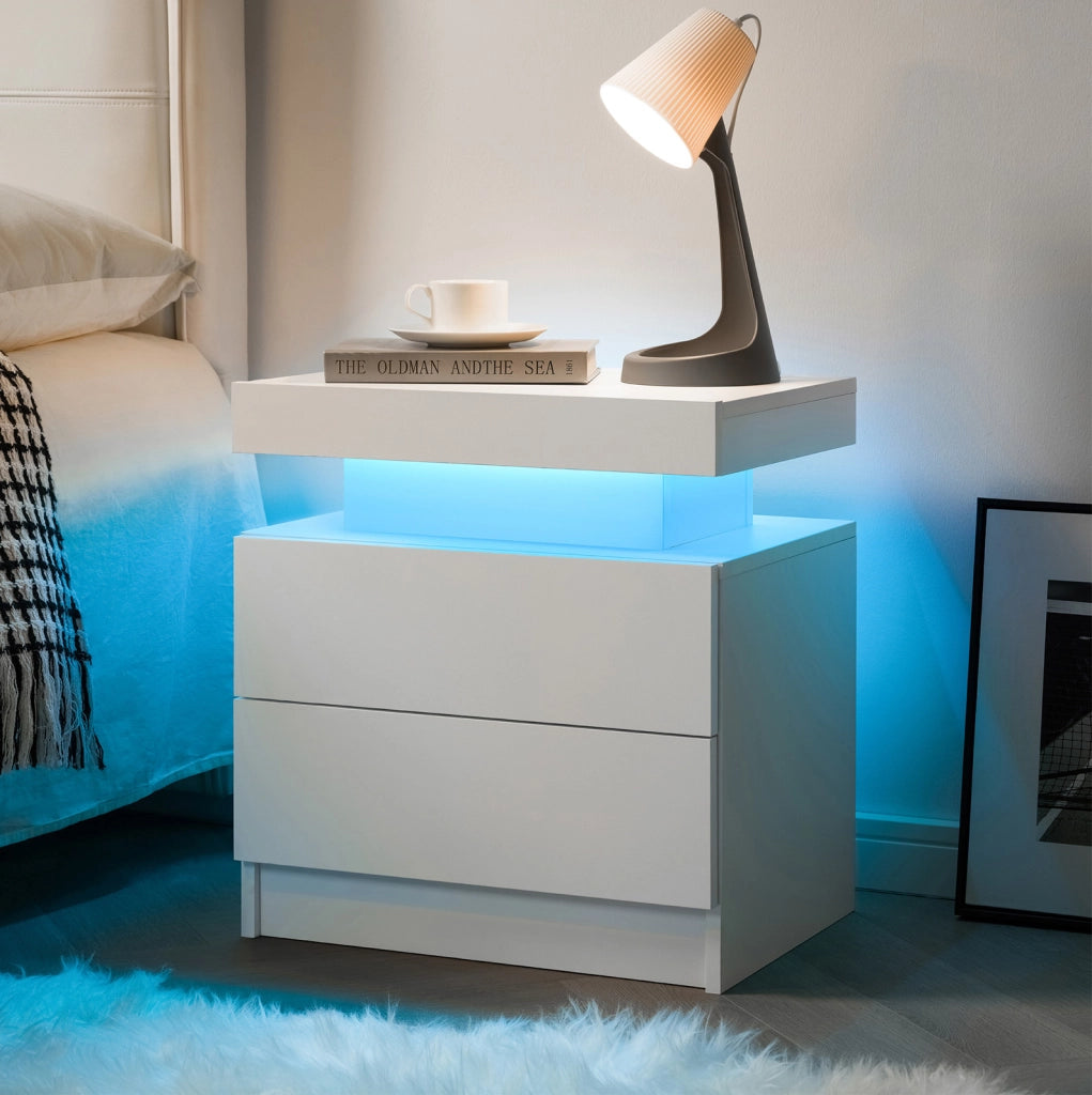 Comodino Moderno con Luci LED Regolabili e 2 Cassetti, Bianco
