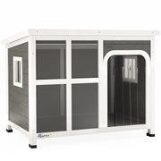 Cuccia per Cani ¨C Xylo ¨C Legno Abete con Finestre e Tenda, 90x62x71 cm, Grigio Chiaro