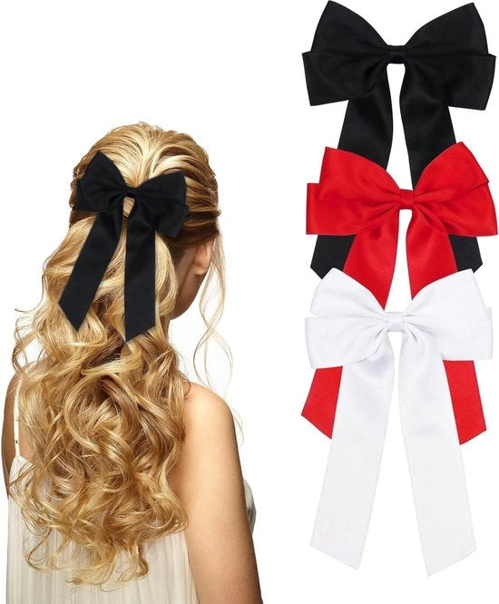 Tre Clip per Capelli con Fiocchi - Nero Bianco Rosso - Donne e Ragazze