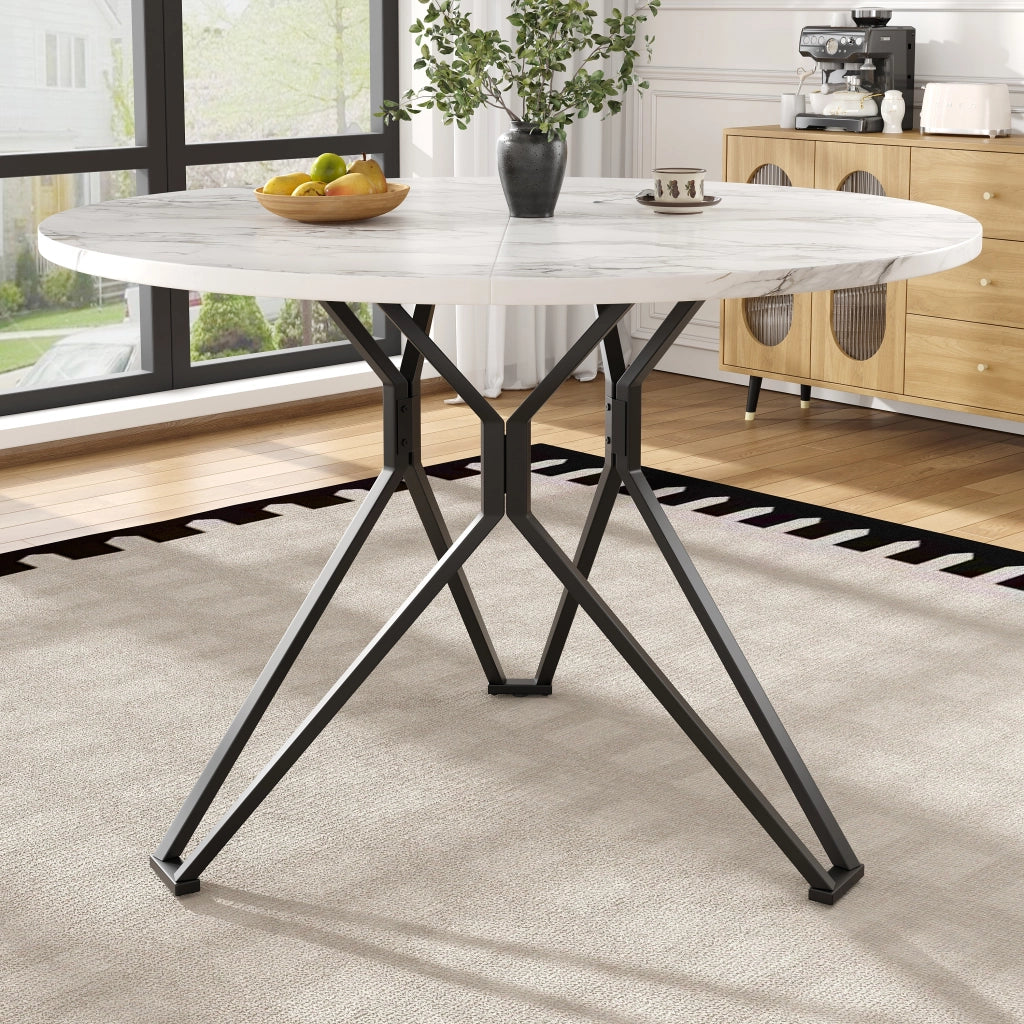 Tavolo da pranzo rotondo con 4 sedie, piano effetto marmo, struttura in metallo, per cucina e soggiorno, 100 × 76 cm