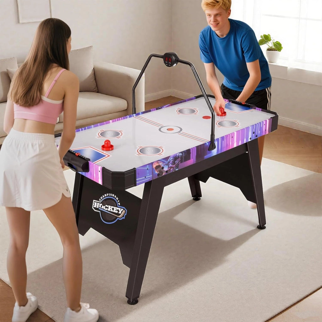 Tavolo Air Hockey, Tavolo da Gioco con Segnapunti Digitale LED 2 Spintori e 2 Dischi, 12V Potente Motore, per Casa Sala Giochi e Ufficio, 144 x 68 x 81 cm