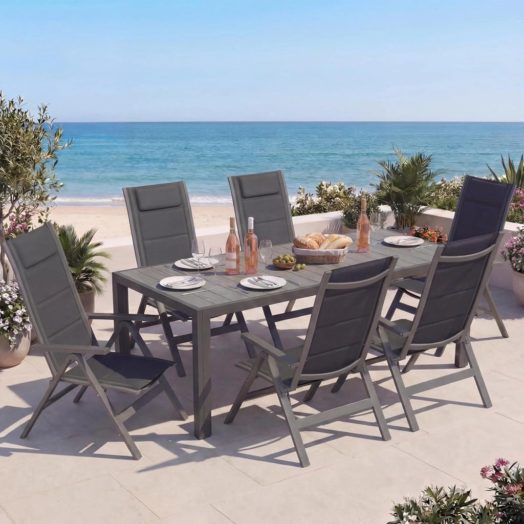Set Tavolo e Sedie da Giardino 5 Pezzi, Composto da Tavolo 150 cm in Alluminio e 4 Sedie Pieghevoli, Tavolo da Giardino con Finitura a Vena di Legno con Sedie da Terrazza, Balcone, Grigio