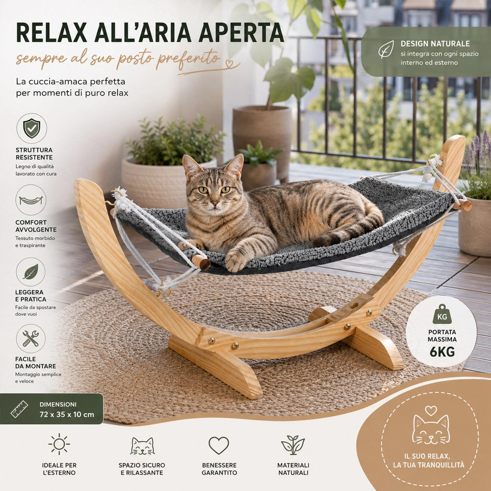 Amaca per Gatti in Legno Ergonomica Cuccia Portata Max 6kg Animali 72x35x10 cm