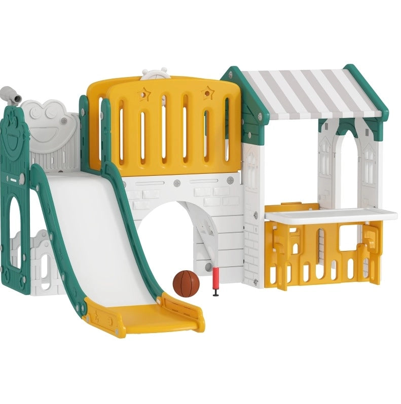 Parco giochi per bambini ULEVR 7 in 1 con scivolo, casetta, parete da arrampicata e canestro, giallo