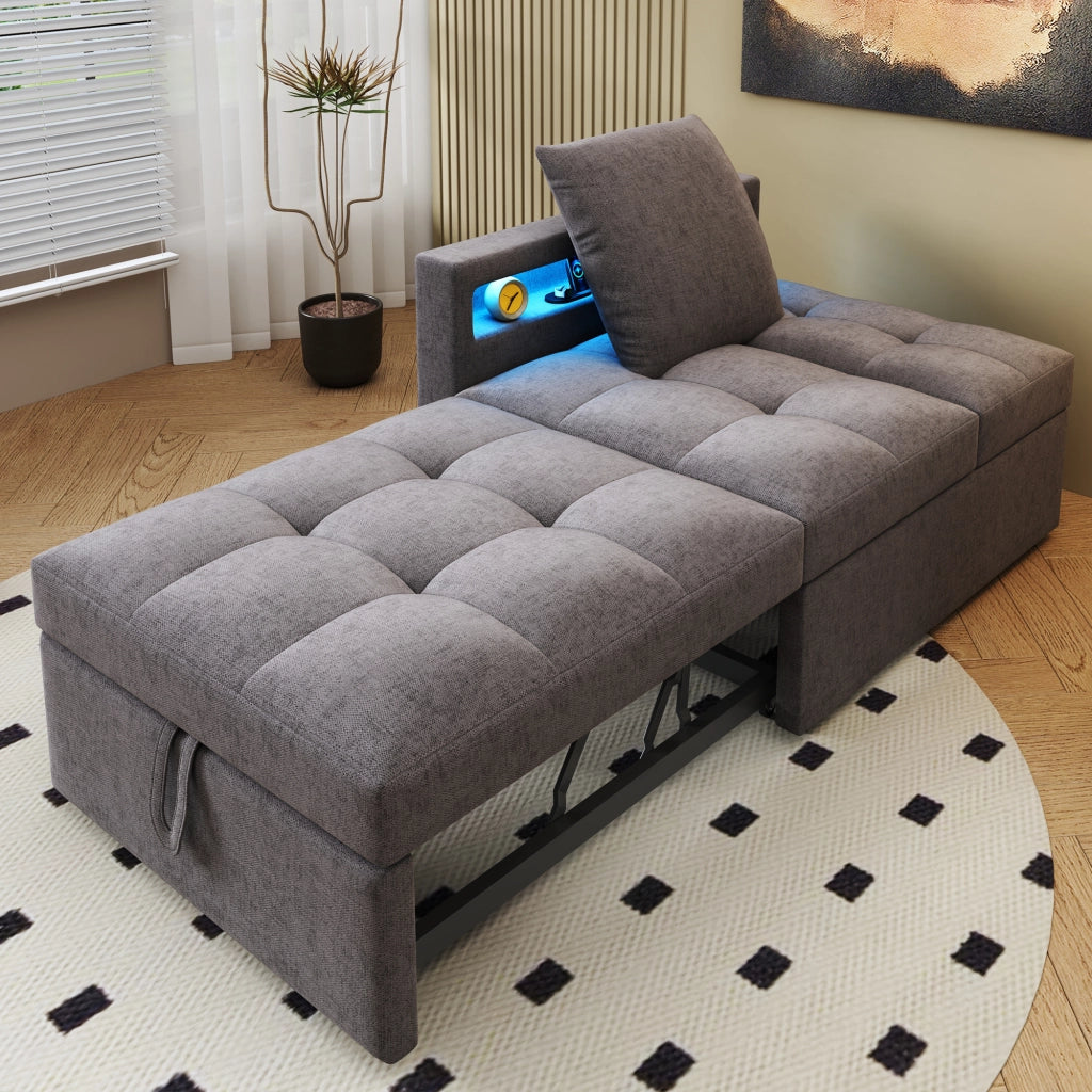 Divano letto 3 in 1 con schienale reclinabile, luci LED e porte USB/Type-C, grigio scuro