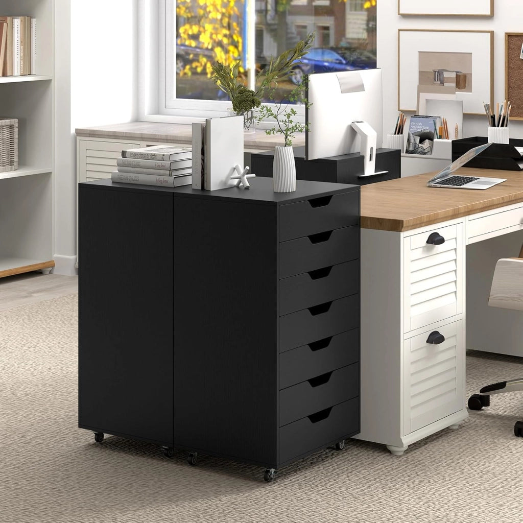 Cassettiera da Ufficio Mobile con 7 Cassetti, Mobile da Scrivania con Ruote per la Conservazione, Supporto per Stampante per Cartelle, Documenti, Carte, 49 x 40 x 87 cm (Nero)
