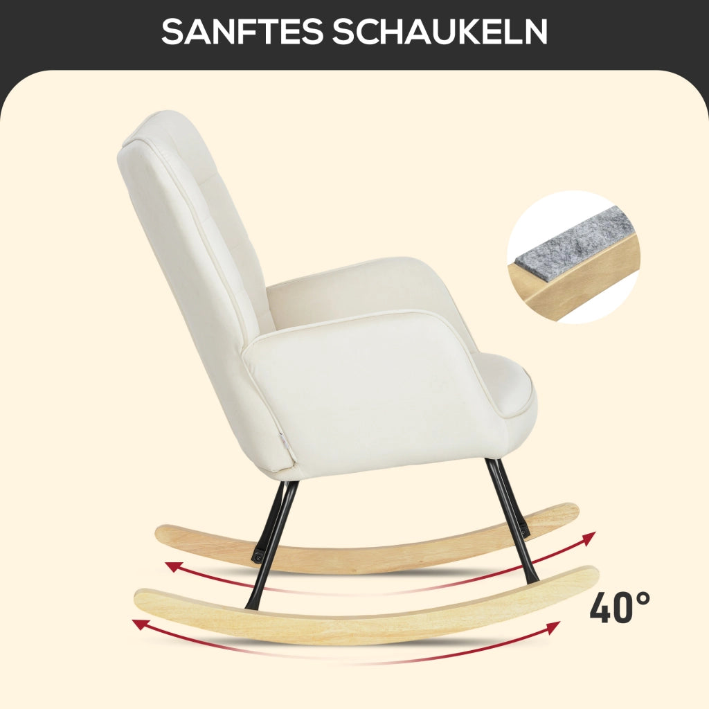 Poltrona a dondolo in velluto con braccioli, schienale alto imbottito e base in legno di faggio beige per relax