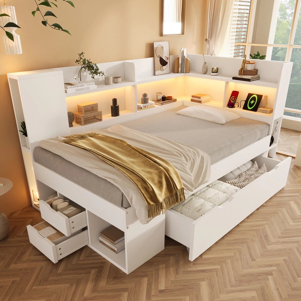 Letto Singolo 90x200 con LED, Cassetti, Ripiani e Rete a Doghe ¨C Xylo ¨C Bianco, Legno